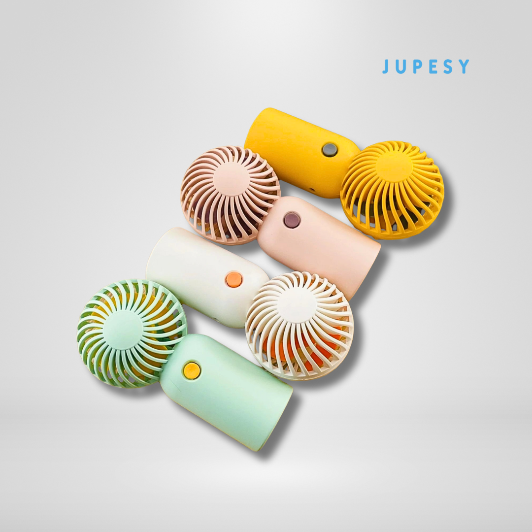 Colorful mini fans arranged on a light gray background with 'JUPESY' branding.