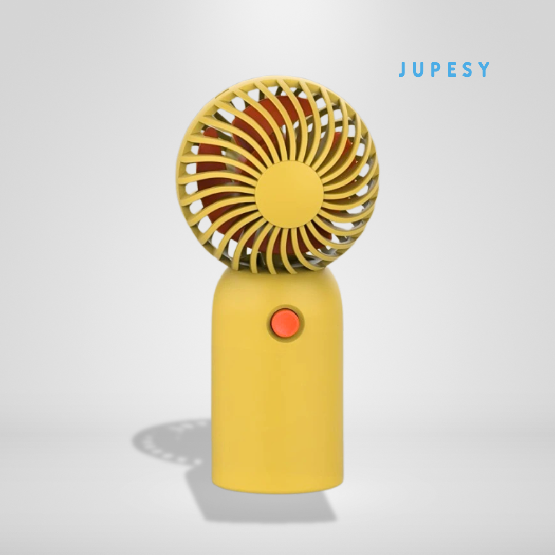Yellow handheld fan with red button on a white background, branded 'JUPESY'.