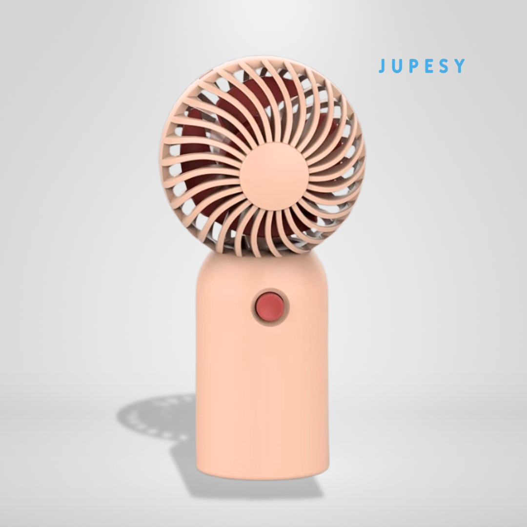 Portable fan with a pink body and rose gold accents on a light gray background, featuring the brand 'JUPESY'.