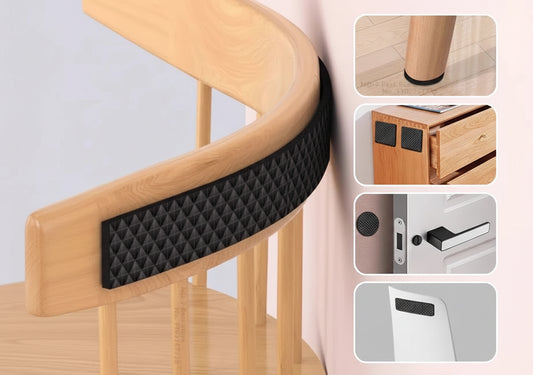 Black diamond-patterned strip on a wooden chair with additional uses shown in smaller images.