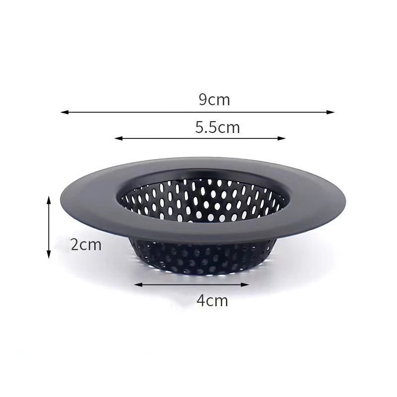 Black drain strainer with measurements on a white background