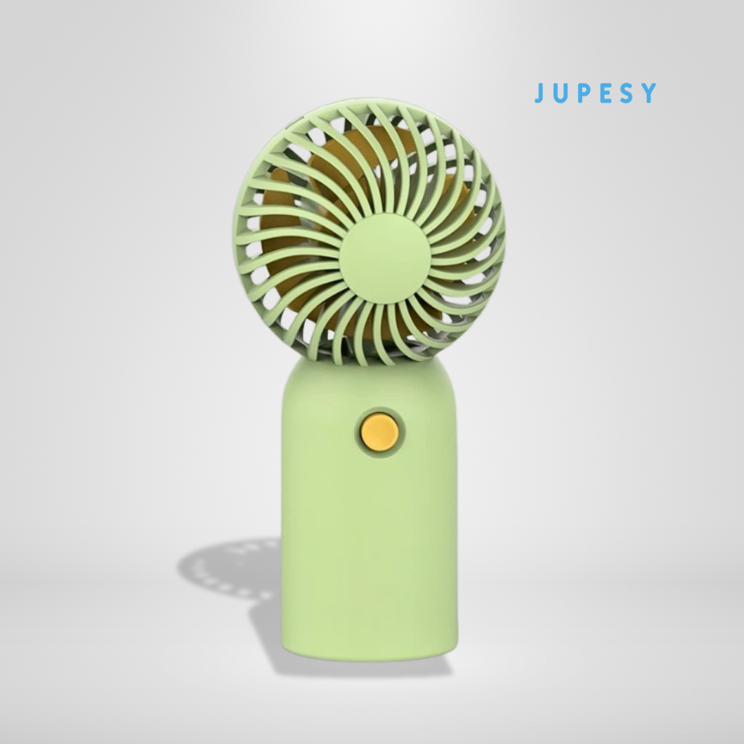 Green handheld fan with visible brand 'JUPESY' on a light gray background