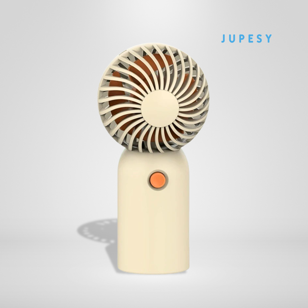 Portable fan with beige base and brown top on a light gray background, featuring the brand 'JUPESY'.