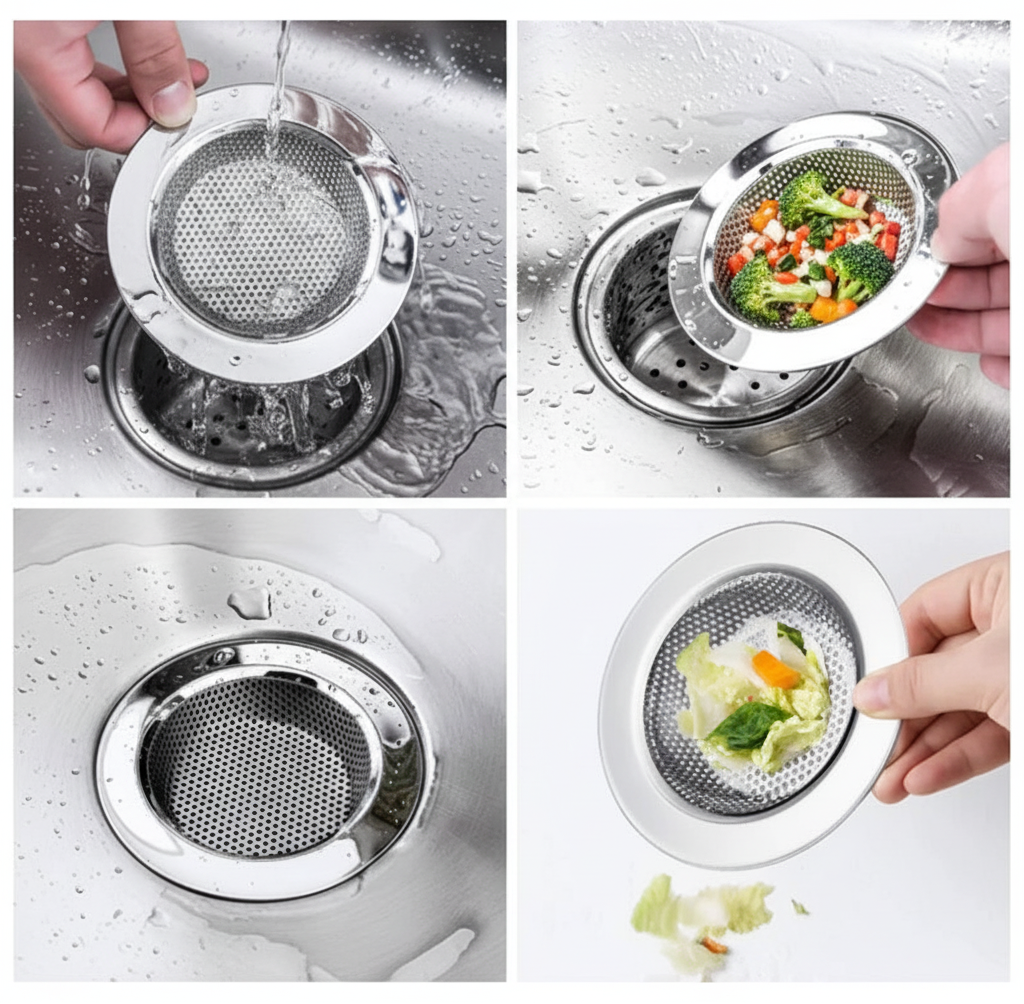 Metal strainer being used in a sink with text highlighting its features.