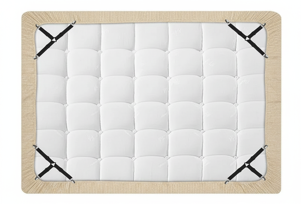 White mattress pad with green border and black straps on a white background