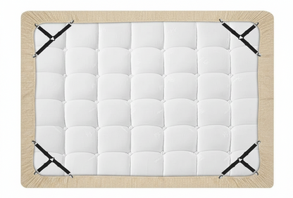 White mattress pad with green border and black straps on a white background