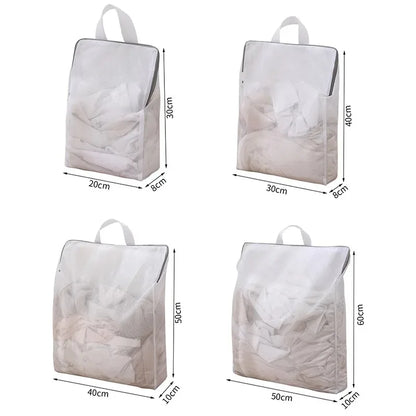 Set of four white bags with dimensions indicated on a white background
