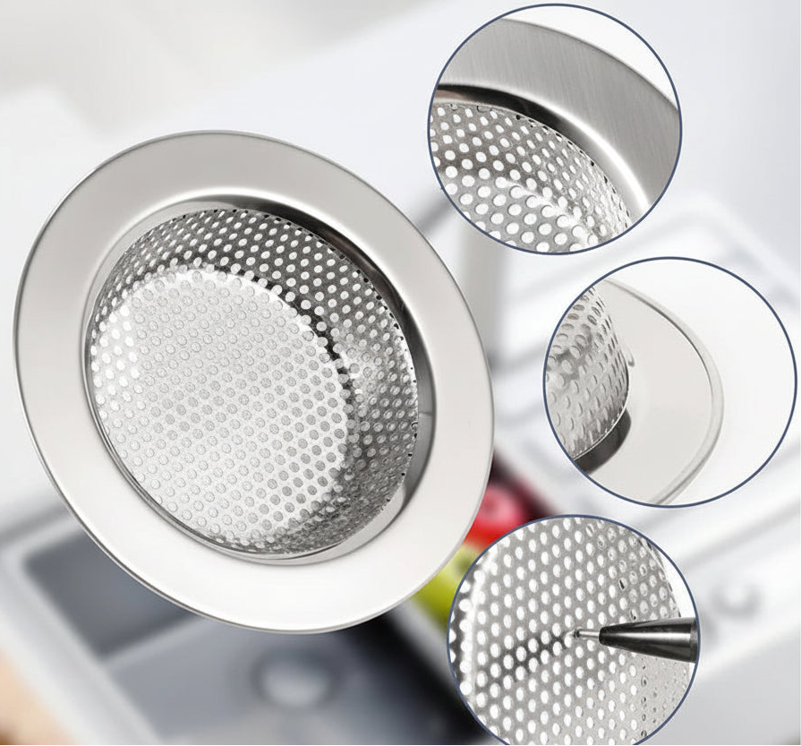 Stainless steel kitchen drain filter with close-up details on a blurred background