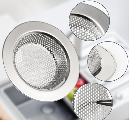 Stainless steel kitchen drain filter with close-up details on a blurred background