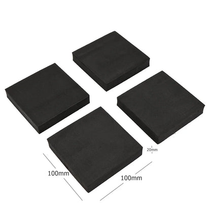 Four black square pads with dimensions on a white background