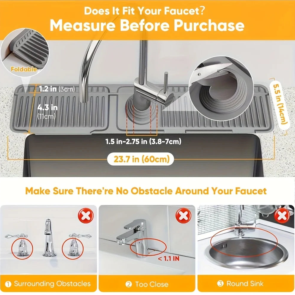 Measurement guide for a kitchen faucet cover with dimensions and installation tips.
