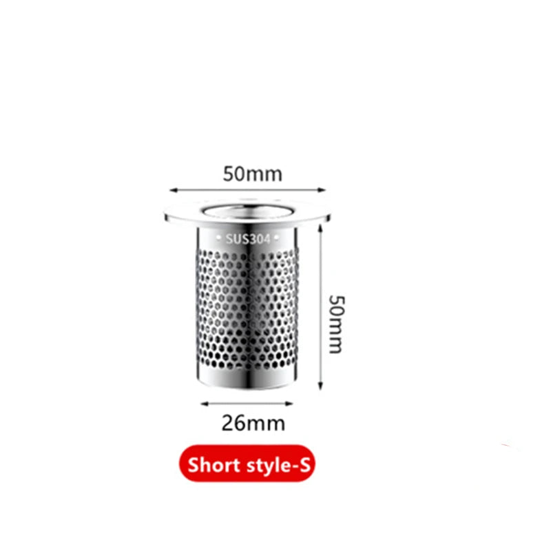 Stainless steel drain filter with dimensions on a white background