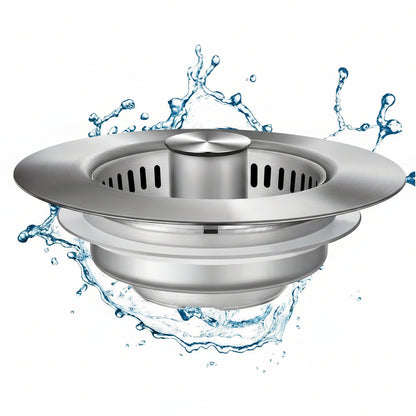 Stainless steel sink drain with water splashes and '304 Stainless Steel' label on a white background