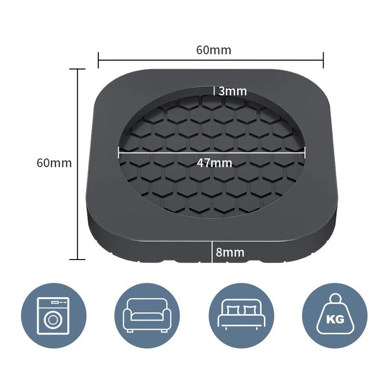 Black square mat with measurements and icons indicating its use cases.